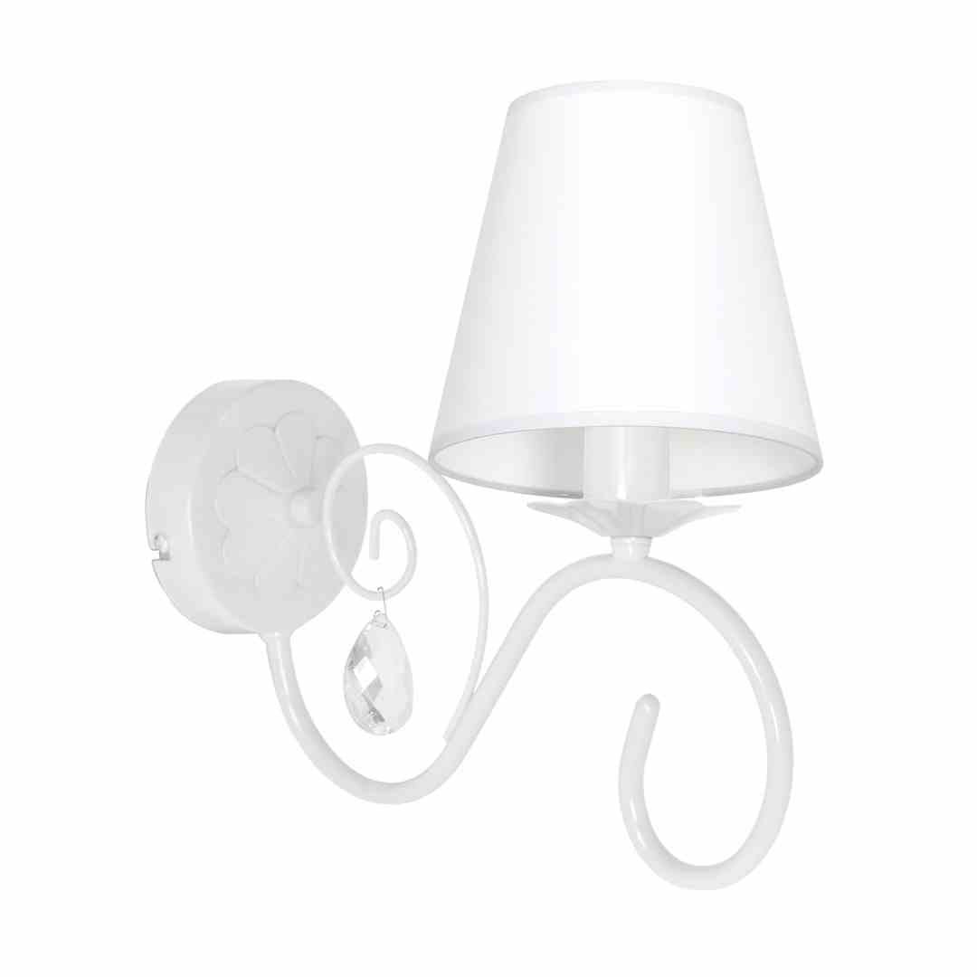 Biały kinkiet z abażurem i ozdobnym kryształkiem