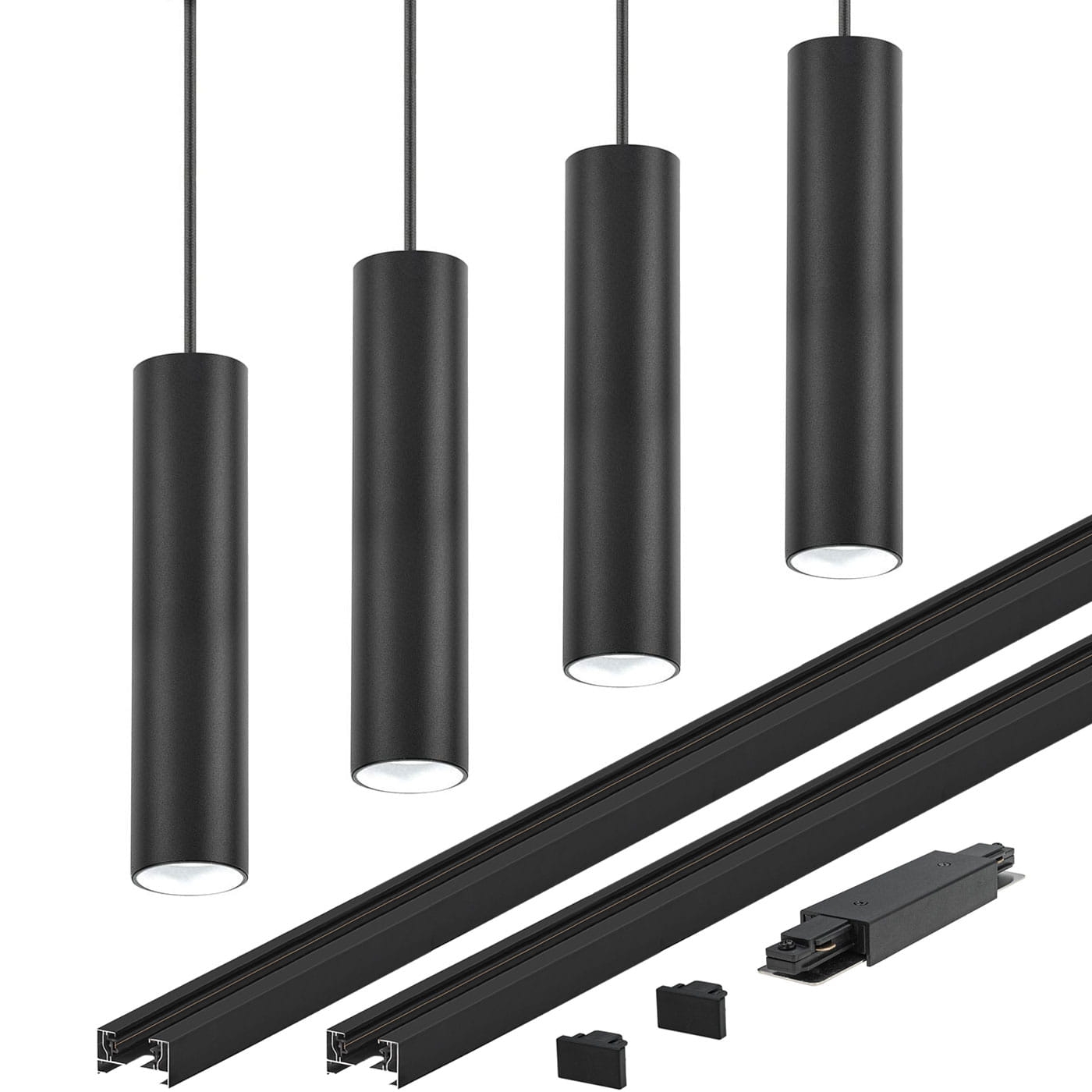 Szyna oświetleniowa z lampami wiszącymi Zestaw 4x oprawa TUBO + 2x szyna 1 m 1-fazowe skład zestawu