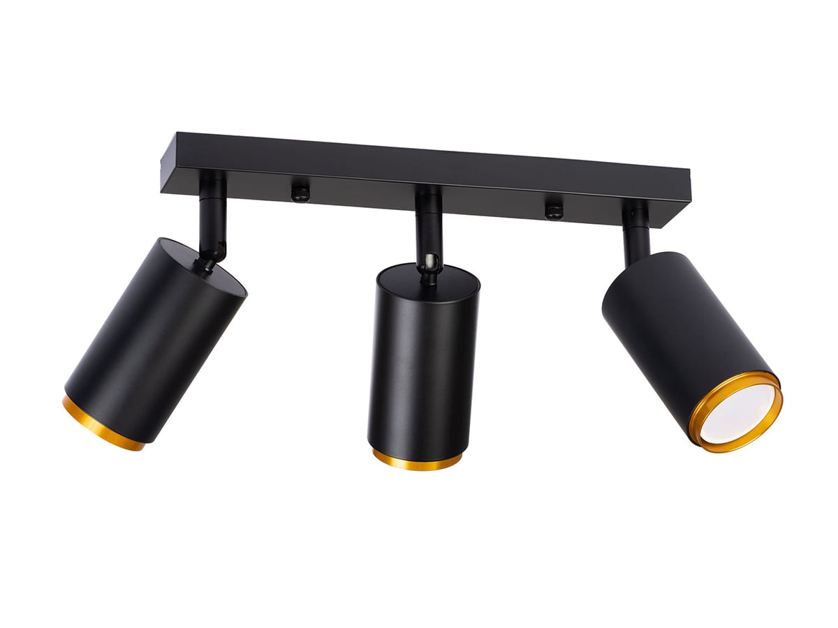 Lampa podsufitowa potrójna czarna spot złote elementy