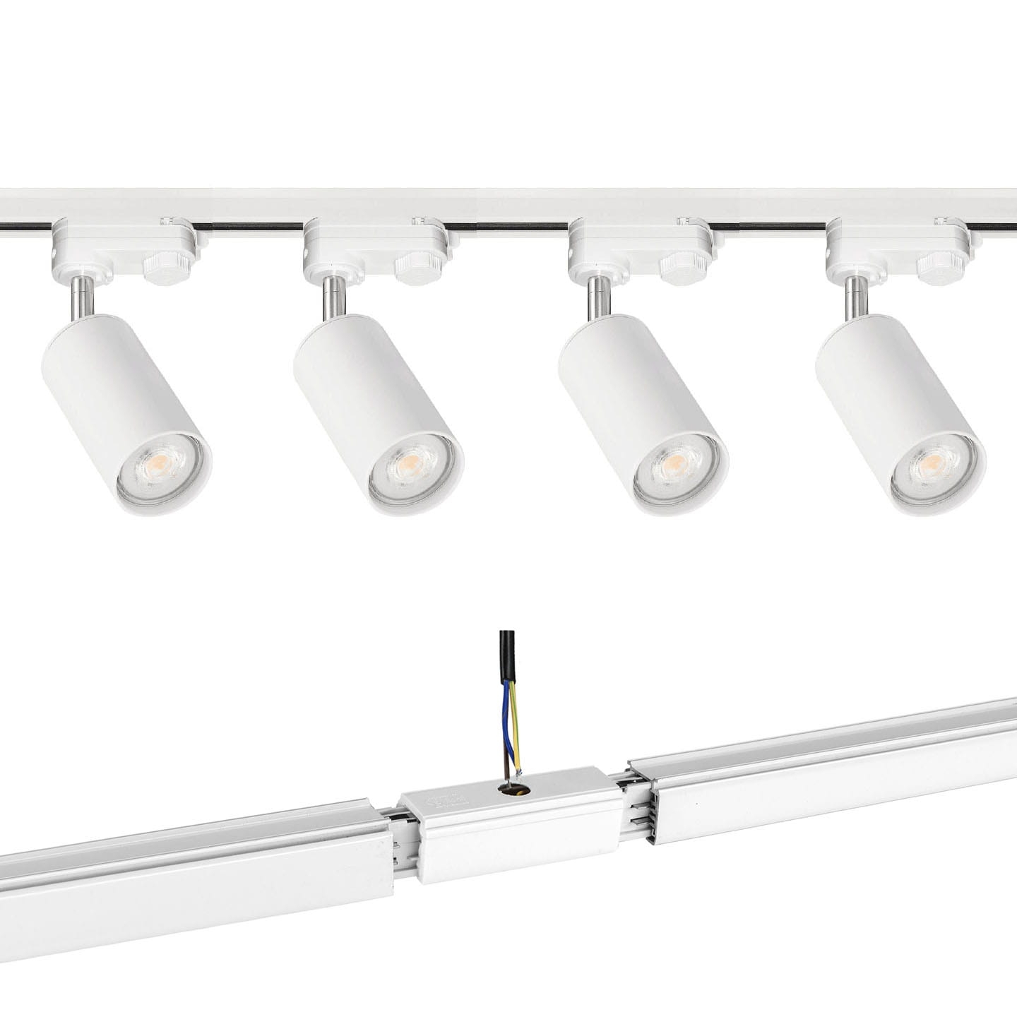 4 x reflektor na GU10 trójfazowy biały + dwie szyny 1 m + łącznik zasilający