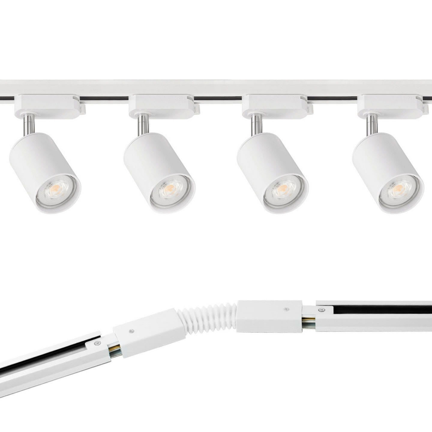 4 x Reflektor szynowy LED na żarówkę GU10 biały + dwie szyny 1m + łącznik elastyczny