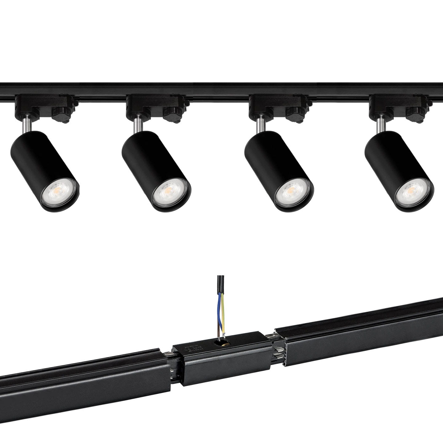 4 x reflektor na GU10 trójfazowy czarny + dwie szyny 1 m + łącznik zasilający