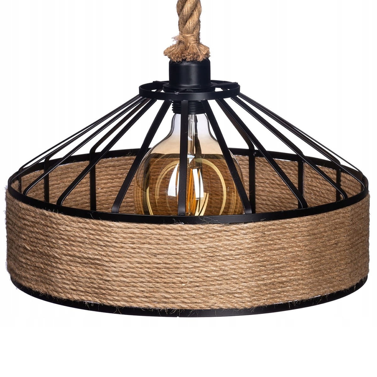 Żyrandol BOHO metalowy czarny z liną jutową średni 30cm