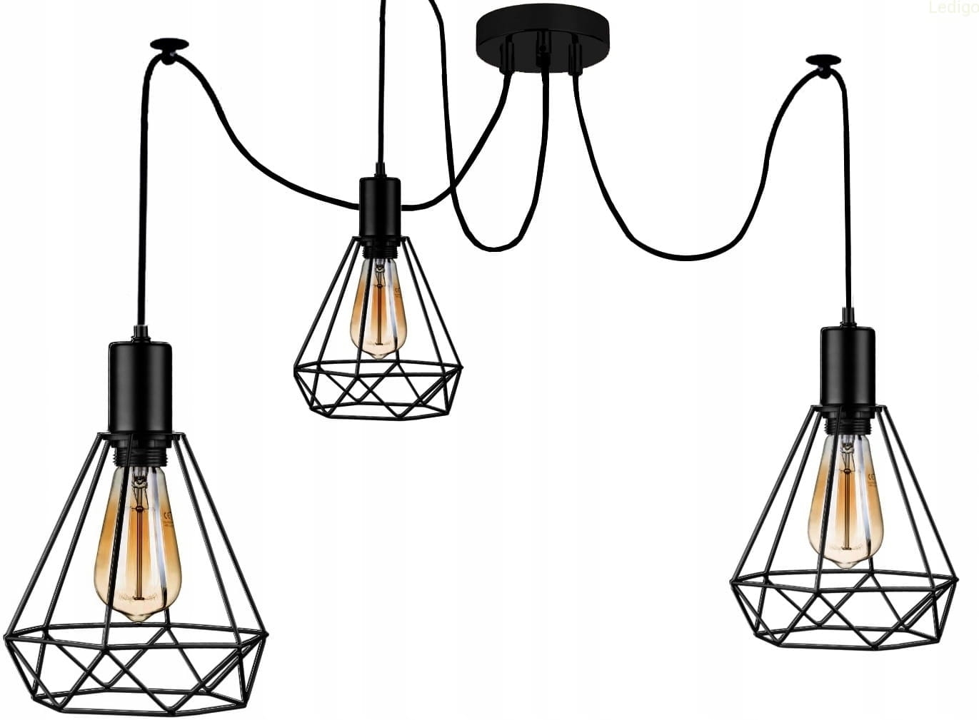 Lampa pająk czarna 3 ramiona E27 + klosze druciane