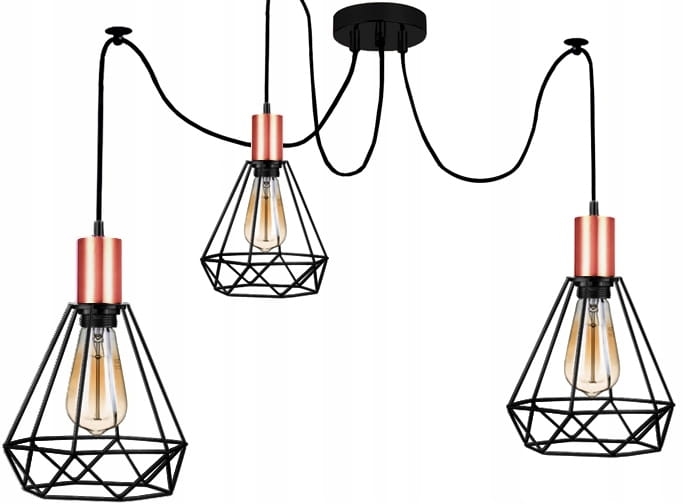 Lampa pająk 3 ramiona rose gold E27 + klosze druciane
